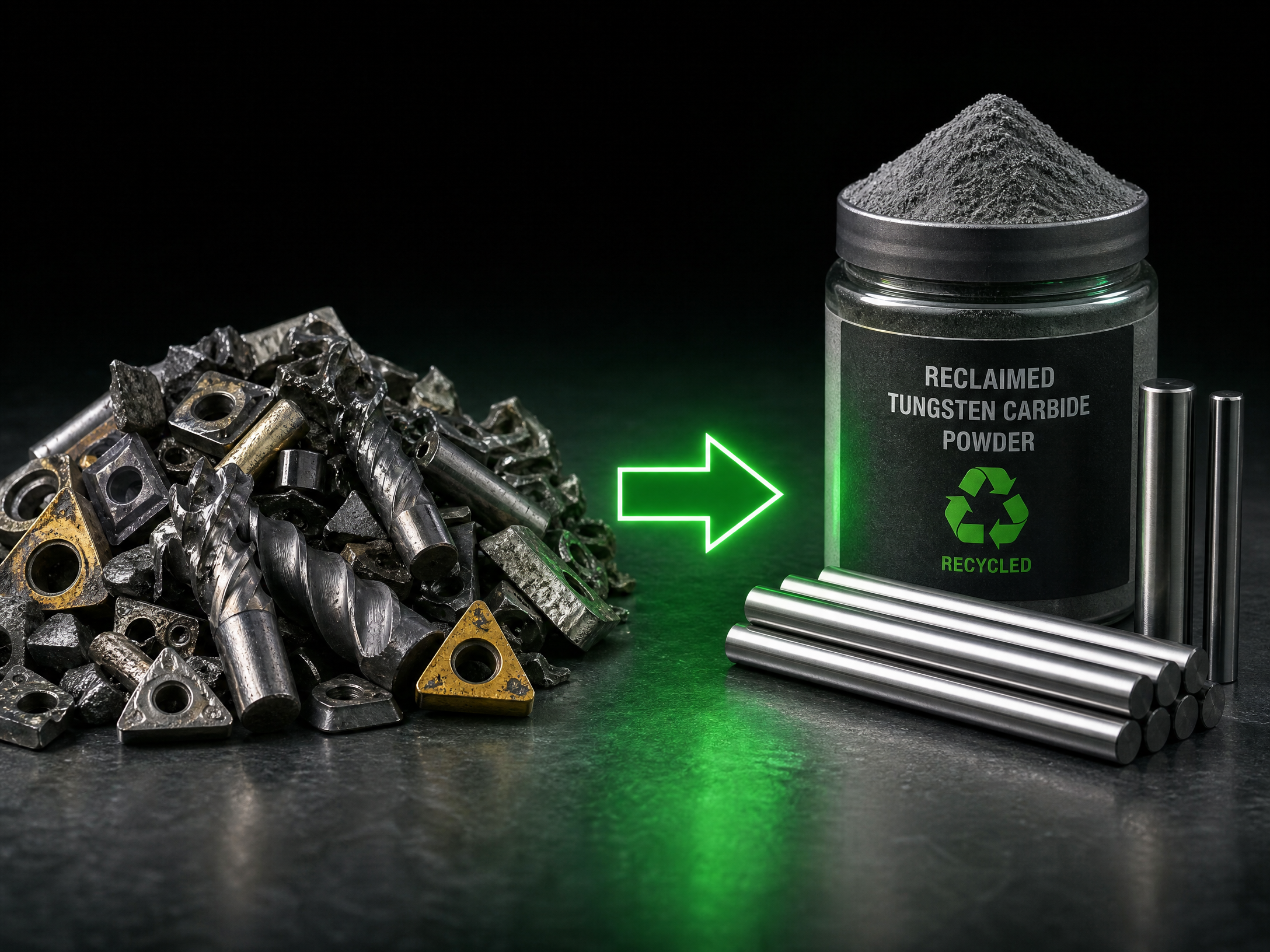 3D illustration of tungsten carbide recycling process from scrap to reclaimed powder
